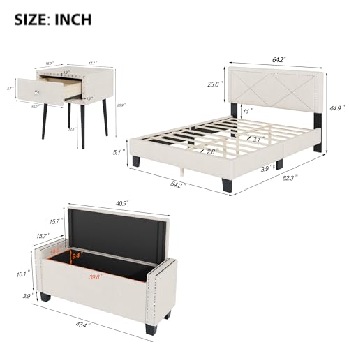 Harper & Bright Designs 4-Pieces Bedroom Sets Queen Size Upholstered Bed Frame for Boys Girls Kids Adults Toddler with Rivet Design,Nightstands and Tufted Storage Ottoman,Blue