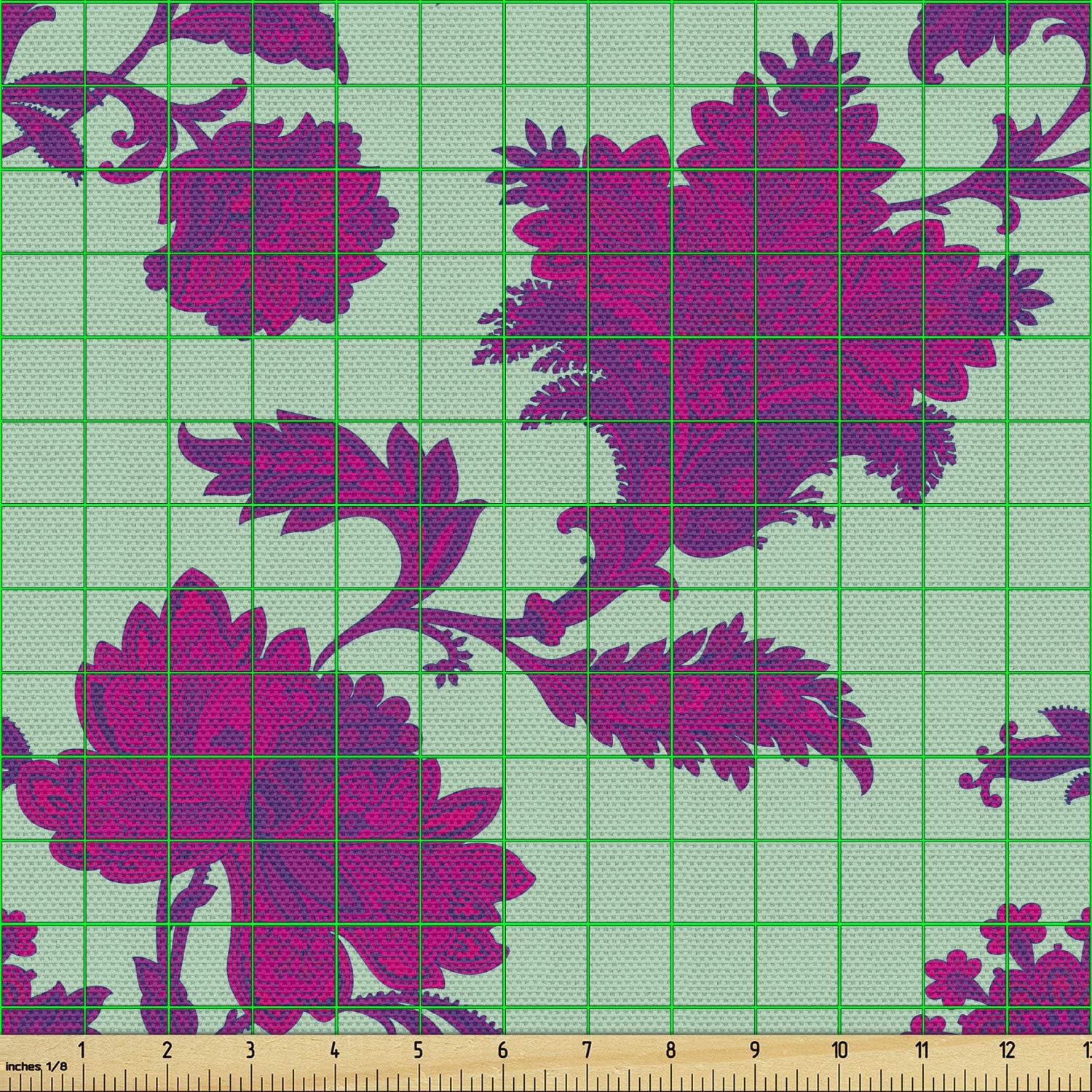 Lunarable Oriental Fabric by The Yard, Ethnic Style Ornamented Peony Flowers Vintage Garden Art, Decorative Fabric for Upholstery and Home Accents, 1 Yard, Green Hot Pink