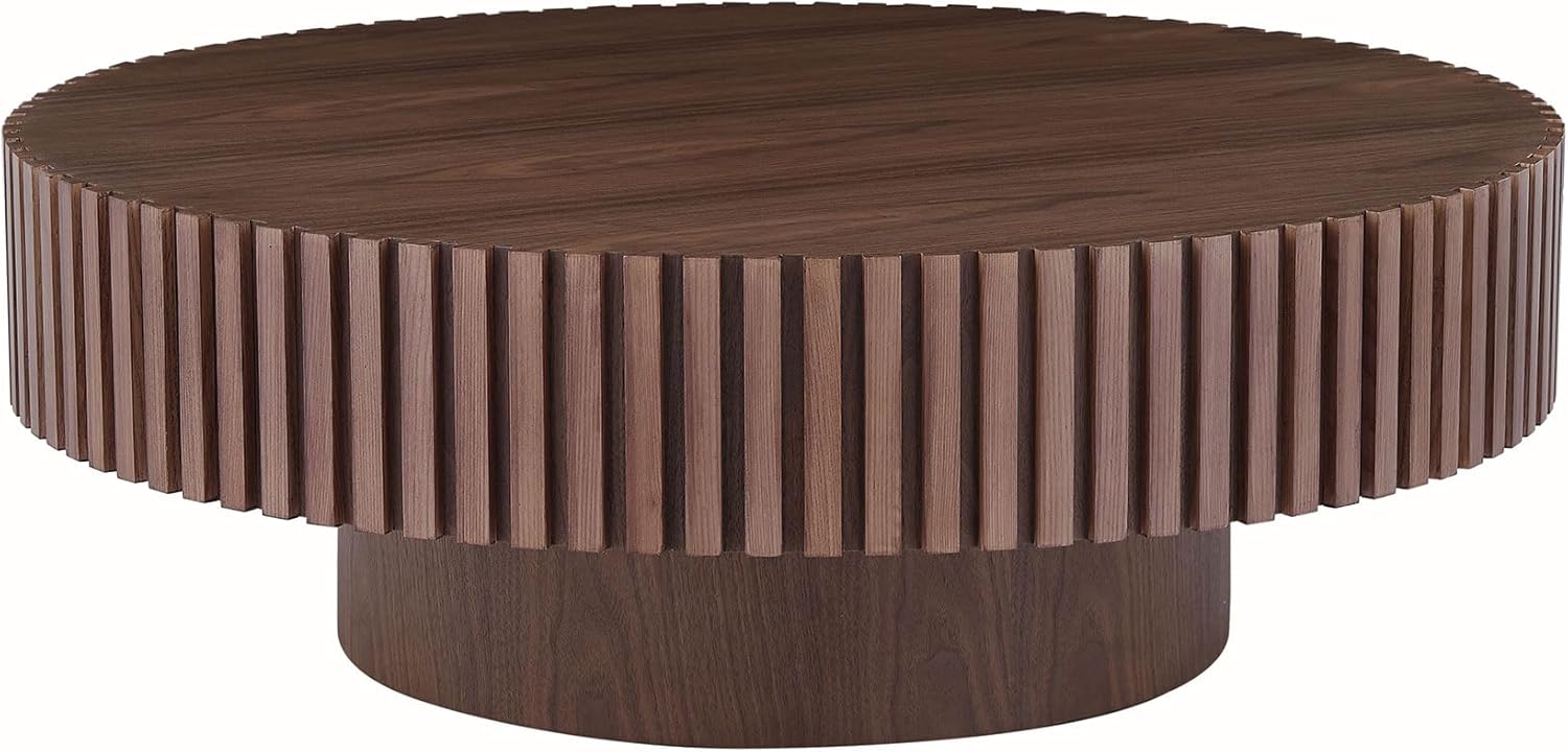 kevinplus 39.37'' Walnut Round Coffee Table Modern Wood Coffee Table for Living Room, Contemporary Circle Fluted Drum Coffee Table, No Assembly, Walnut (ø39.37'' x 13.42'')