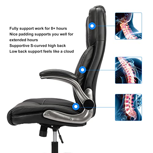 Leather Office Chair with Flip up Arms, Ergonomic Executive Office Chairs with Wheels, 90-120° Rocking High Back Office Desk Chair with Lumbar Support, Swivel Task Chairs(Grey)