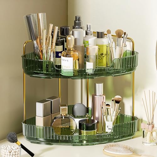 Acrylic Bathroom Tray, 3 Tier Corner Bathroom Organizer Countertop, Makeup Organizer for Vanity Dresser Kitchen, Corner Storage for Skincares Perfume Toiletries- Amber Gold