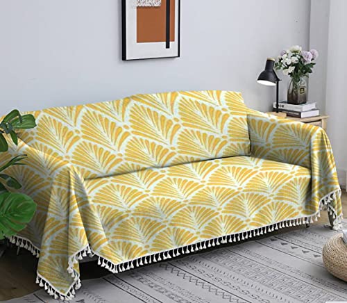 Sofa Towel Art Deco inspired with stylized palm leaf shape motif in golden yellow Cover Chair Slipcovers Cotton and Linen Weaving Tassel Soft Non-Slip Decoration Blanket Background Furniture Protector