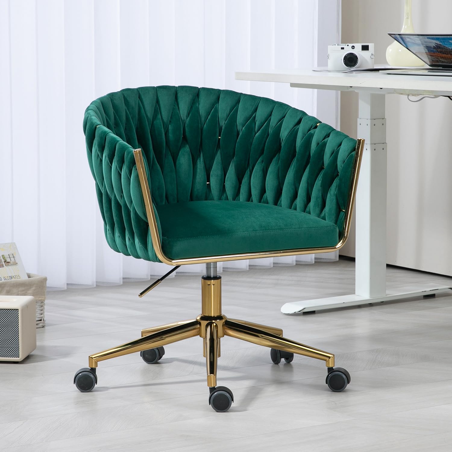 Desk Chair with Wheels, Velvet Home Office Chair, Swivel Armchair Gold Base,Djustable Height, 360° Swivel, Soft Velvet Fabric, Green