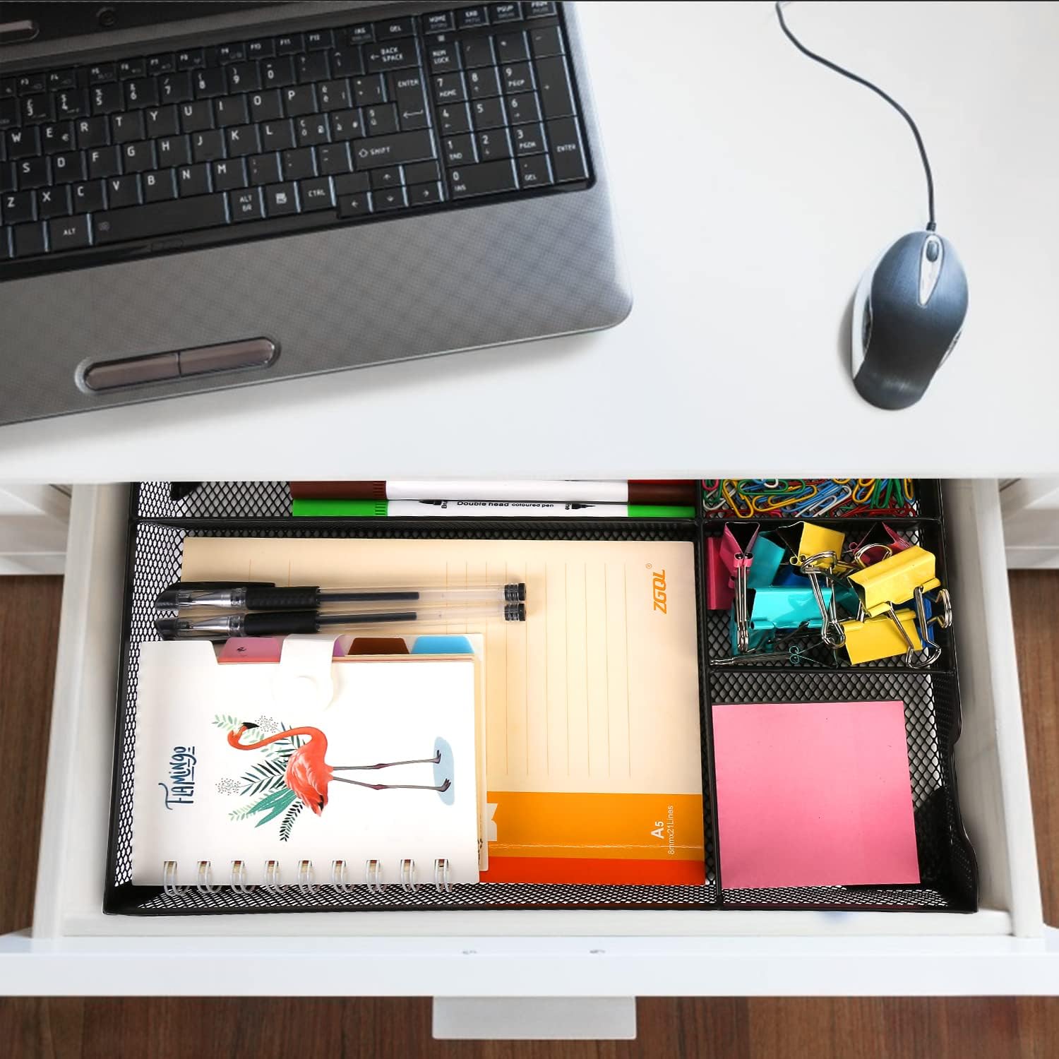 Desk Drawer Organizer,Metal Mesh Drawer, 5 Grid Large Space,Multi-use Desk Organizer Storage Box Set for Office,Home,School Supplies,12.2 x 8.3 x1.8 Inches