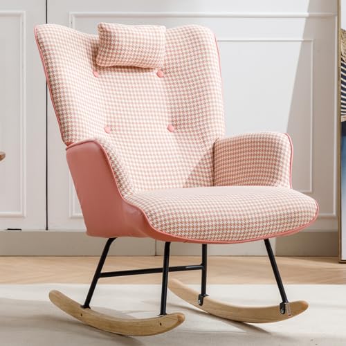 35.5” Nursery Rocking Chair Cotton Linen Upholstered Glider Chair with High Backrest Armchair for Living Room Bedroom Pink