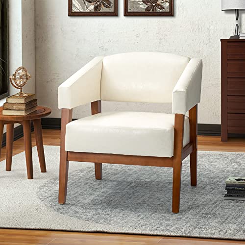 HULALA HOME Modern Faux Leather Accent Arm Chair with Solid Wood Legs, Comfy Upholstered Living Room Armchair with Angular Armrests, Mid Century PU Leather Lounge Chair for Bedroom/Office, Navy