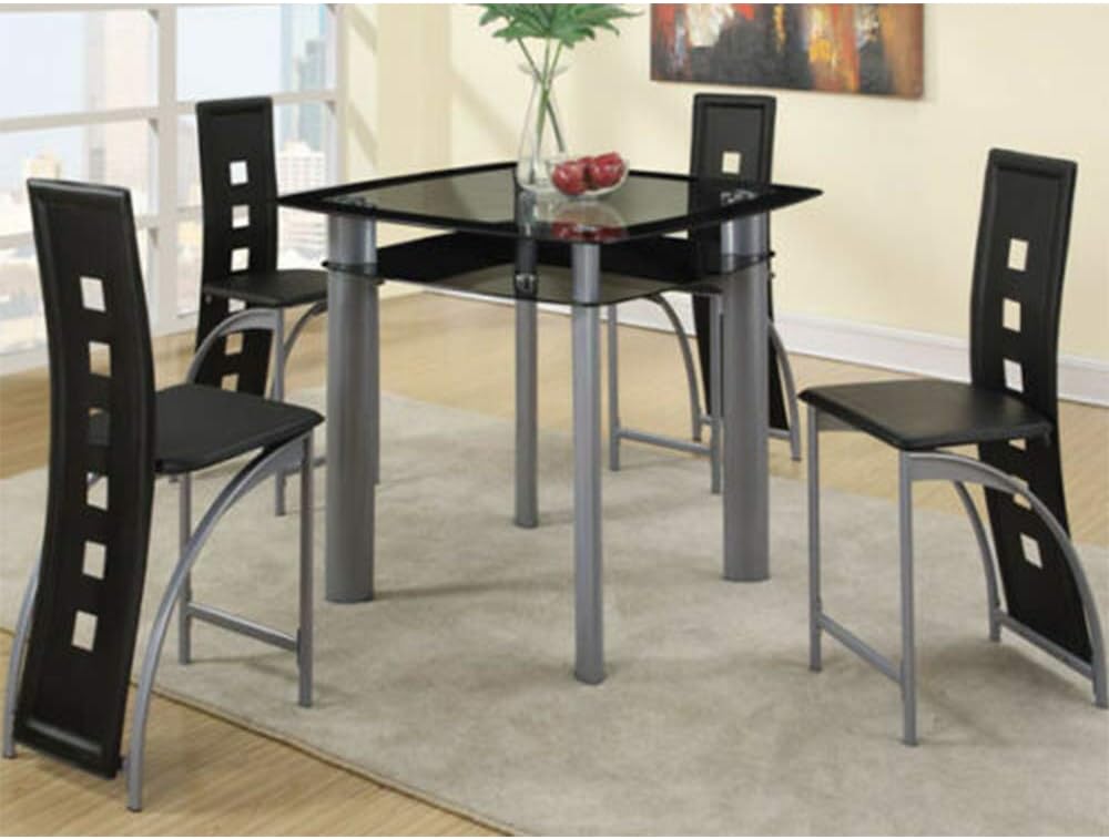 Black 5 Pieces Tempered Glass Top Metal Dining Table Set 4 Chairs Leatherette Room Kitchen Breakfast Furniture 42