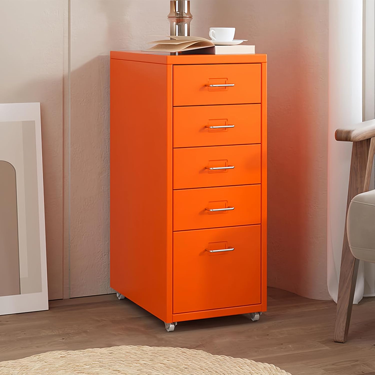 5 Drawers File Cabinet Metal Vertical File Cabient with Wheels Mobile File Cabinet for Home Office Letters/Legal/A4 (Orange, 5 Drawers Mobile File Cabinet)
