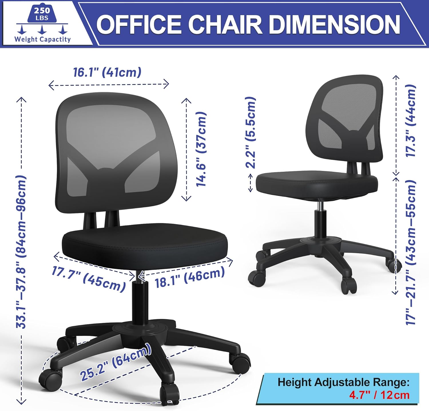 Swivel Modern Low Home Computer Office Desk Chair with Wheels No Arms for Adult Study and Work, Mesh Back, Black