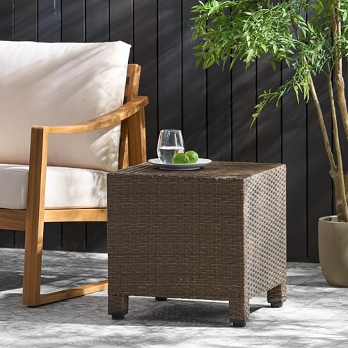 Wicker Rattan Side Table Patio Wicker Table with Lid, 13 Gallon PE Rattan Deck Box Patio Storage Chest, Wicker Storage Box Outdoor Rattan Coffee Table End Table for Patio Porch Lawn (Brown2)