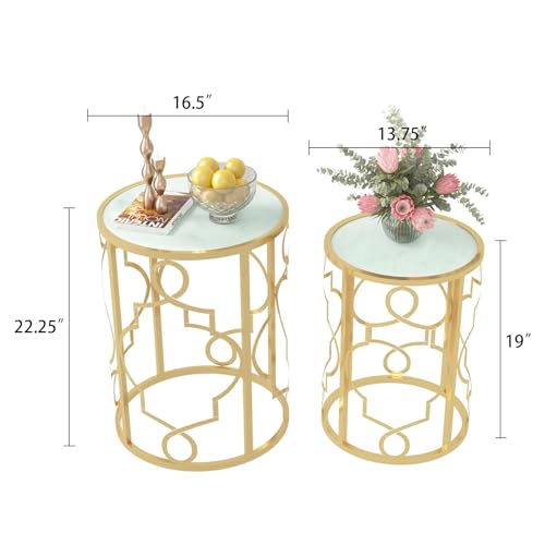 RiteSune Gold Round Side Table Marble Top Set of 2, Mid Century Modern Circle End Tables Accent Table for Small Space, Living Room, Bedroom, Foyer, Entryway - Assemble Already
