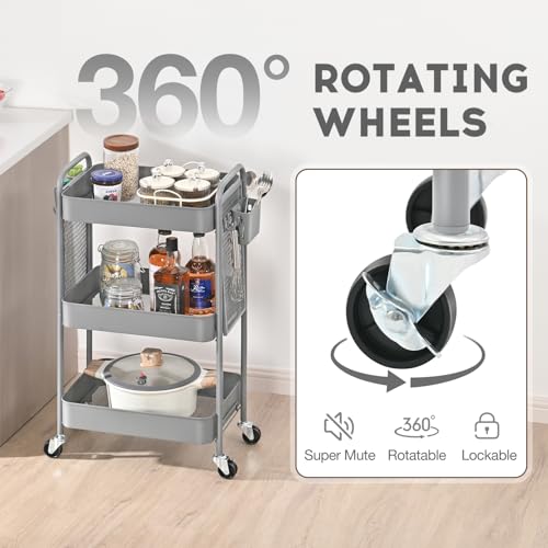 TOOLF Metal Utility Carts, 3 Tier Rolling Carts with Wheels, Storage Organizer with Pegboard Hooks Bins for Bathroom Kitchen Laundry Office, Three Tier Cart for Book Diaper & Art Supplies, Green