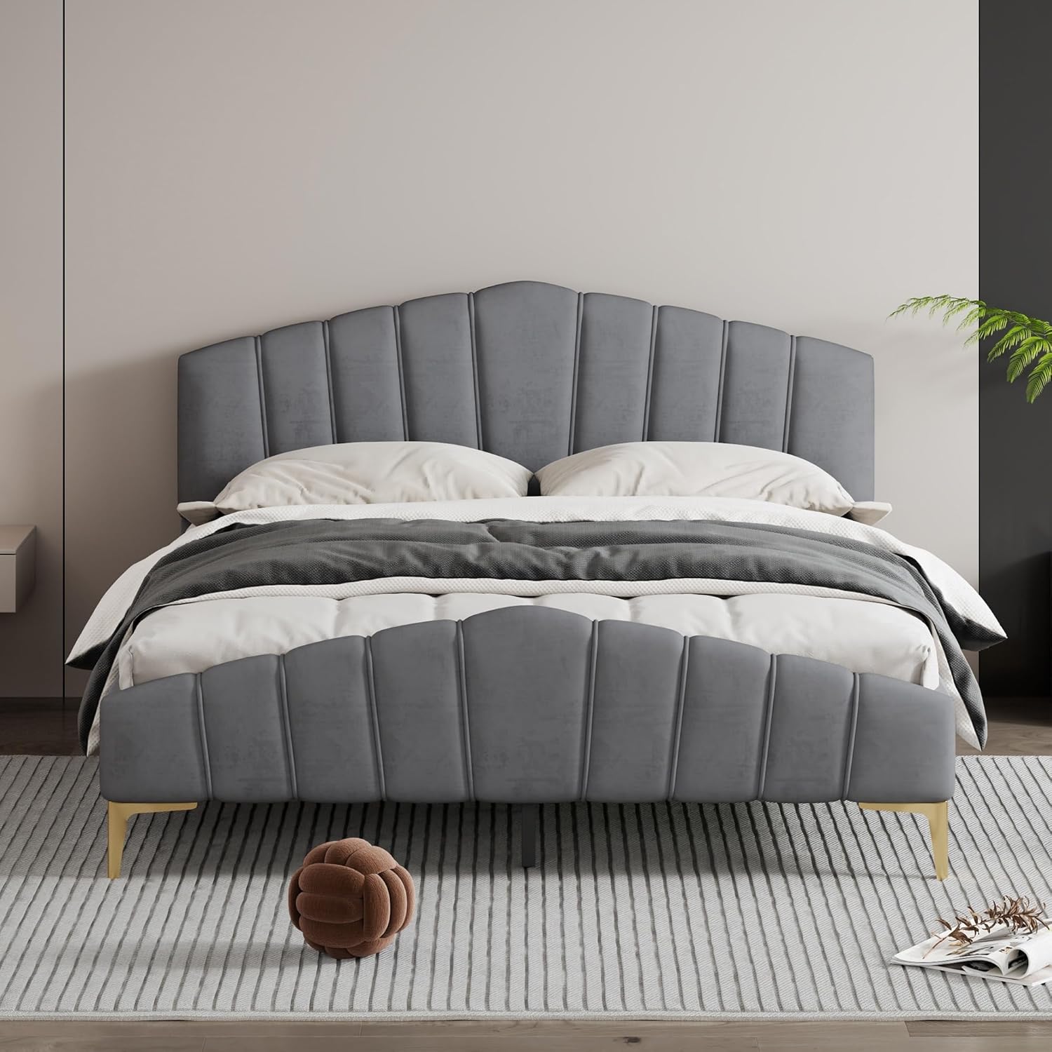 Modern Queen Size Bed Frame Velvet Upholstered Platform with Stripe Headboard Master Bedroom Double Gray Grey Contemporary Includes Hardware