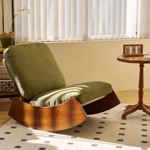 Nursery Rocking Chair Corduroy Fabric Upholstered Tall Back Glider Rocker Rocking Accent Chair Comfy Single Sofa Side Chair for Living Room Bedroom Hotel, Bedroom, Baby Room (Tan)