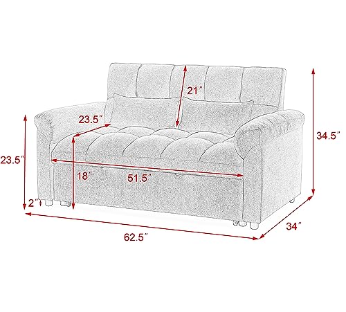Modern Convertible Sleeper Sofa with Twin XL Size Pull Out Couch Bed, Functional Tufted Loveseat & Daybed for Home Office Apartment Studio Small Space Living Room,Deep Grey Linen with Pillows