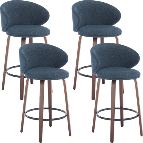 Modern Bar Stools Set of 4, 26 Inch Counter Height Sherpa Barstools with Wooden Legs, Bar Chairs with Barrel Backrest for Kitchen Island Dining Room, White