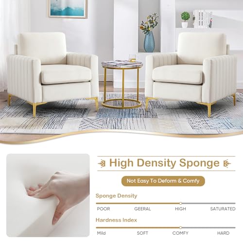 SLEERWAY Tufted Velvet Accent Chair Set of 2, Mid Century Modern Sofa Chair Comfy Living Room Furniture Set Bedroom Club Lounge Reading, 5.5 inch Cushioned, Golden Legs, Beige
