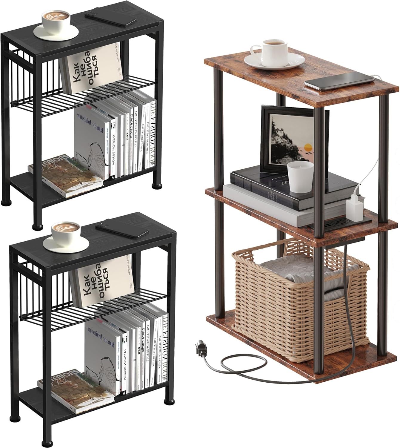 Side Table for Small Spaces & 3-Tier Narrow End Table with Charging Station