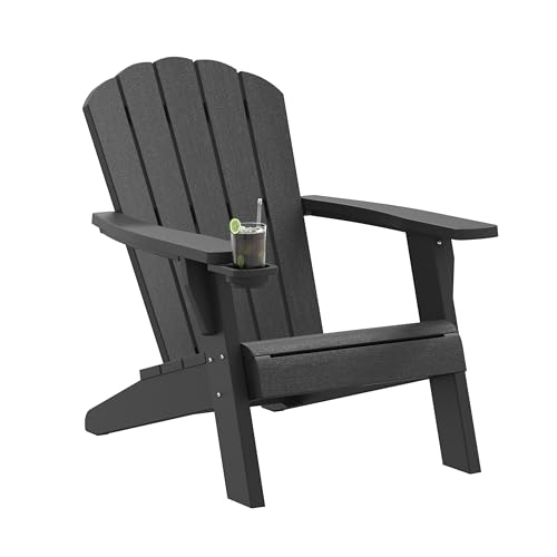 Outdoor Adirondack Chair Set of 4 with Cup Holder, Patio Chair with Wood Grain Texture,Weather-Resistant Outdoor Chair for Poolside, Patio, Backyard, Garden, Fire Pit Seating