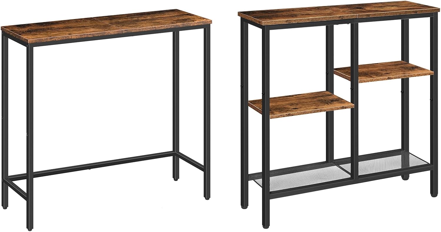 HOOBRO Narrow Console Table and 4-Tier Industrial Hallway Table with Metal Mesh Shelf Bundle, Small Entryway Table, for Hallway, Bedroom, Living Room, Foyer, Rustic Brown and Black BF75XG01-BF79XG01