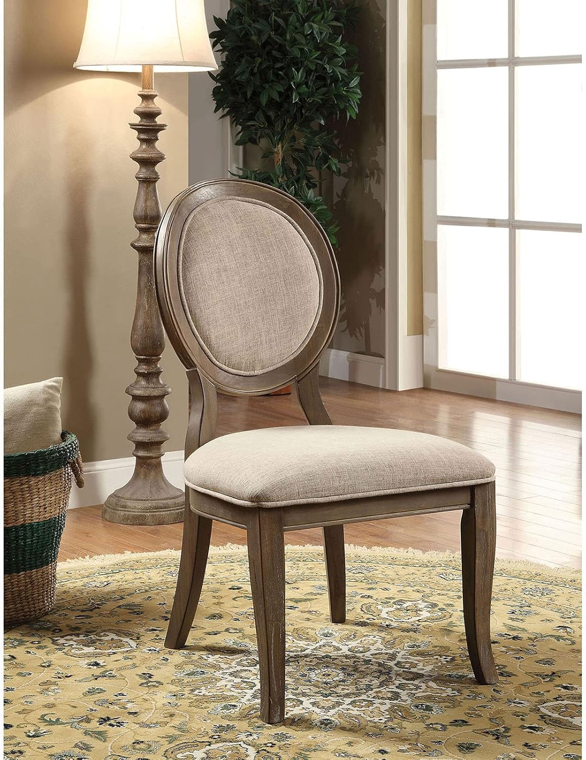 Transitional Rustic Oak and Beige Side Chairs Set of 2 Chairs Dining Room Furniture Padded fabric seat Elegant Kitchen Dining Room