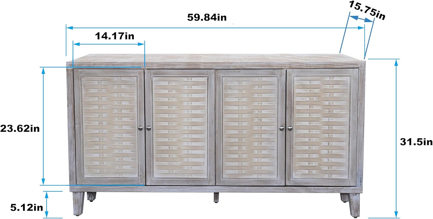 Farmhouse Style Sideboard Buffet Server Cabinet Handcrafted Wooden Design Fits Living Room, Office, Dining Area Ample Storage Space Elegant Décor, Natural Wood Wash