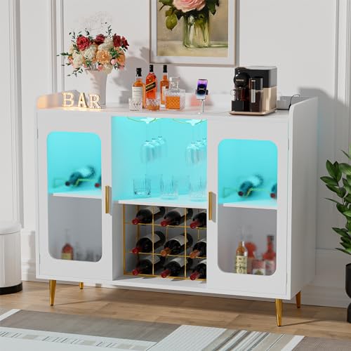 Liquor Cabinet Bar with Power Outlet & LED Light, Wine Bar Cabinet with Wine & Glasses Rack, Home Coffee Bar Cabinet, Buffet Sideboard with Storage shelf for Kitchen Dining Room, Rustic Brown