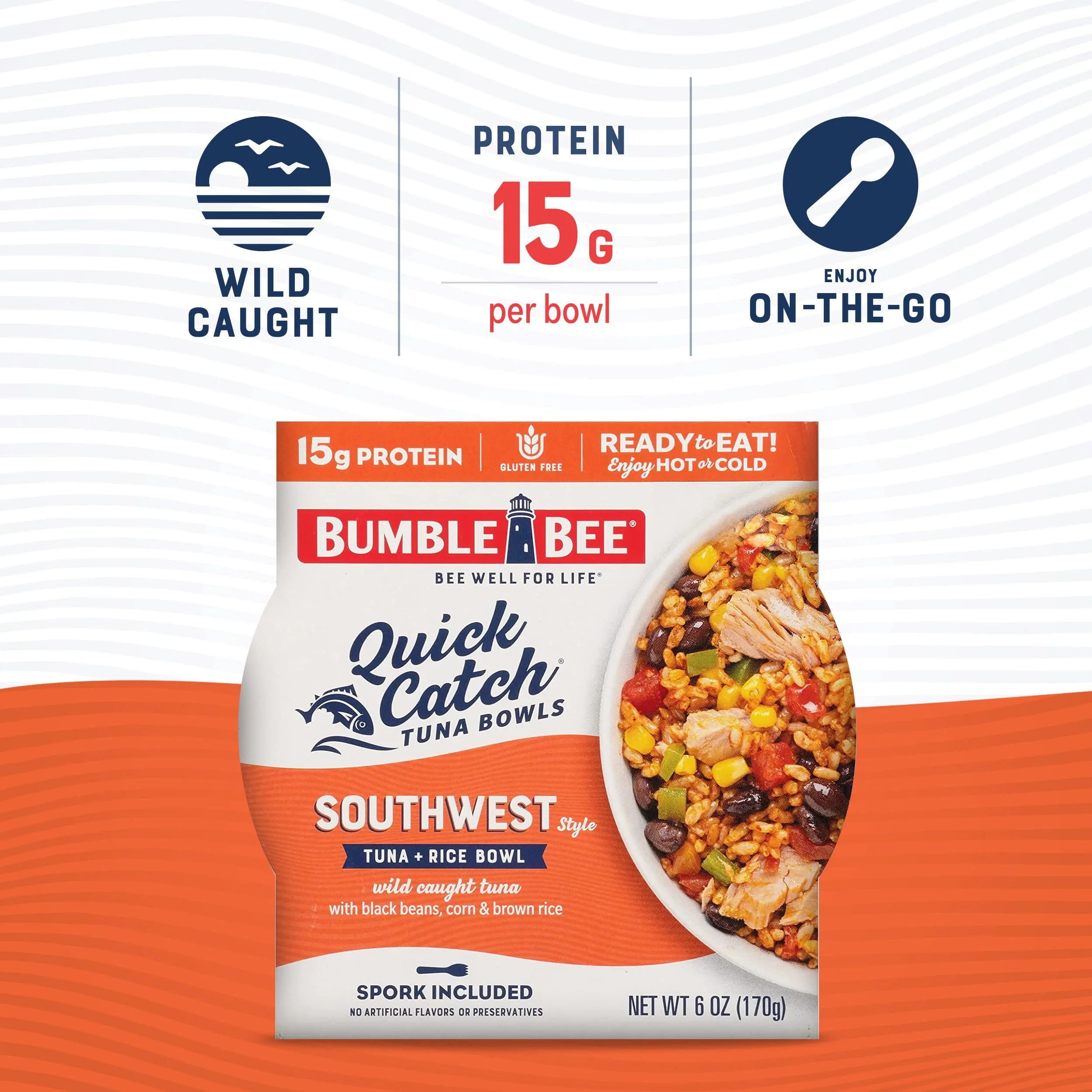 Bumble Bee Quick Catch Southwest Rice, Wild Caught Tuna And Rice Bowl, 6 Oz (Pack Of 6) - Ready To Enjoy, Spork Included - 15G Protein Per Serving - No Artificial Flavors - Good Source Of Fiber