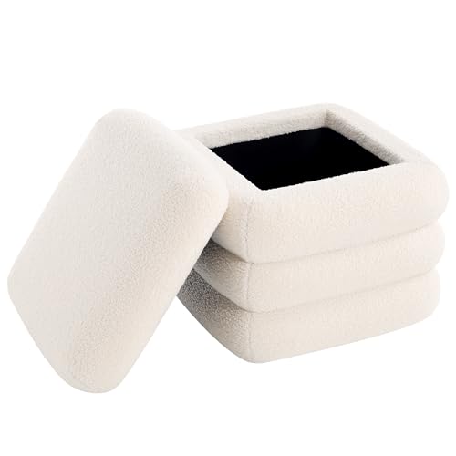 Square Boucle Ottoman with Storage, Large Cube Sherpa Foot Stool, Tufted Modern Footrest for Living Room, Bedroom, Vanity Room, Dorm, Home Décor, White