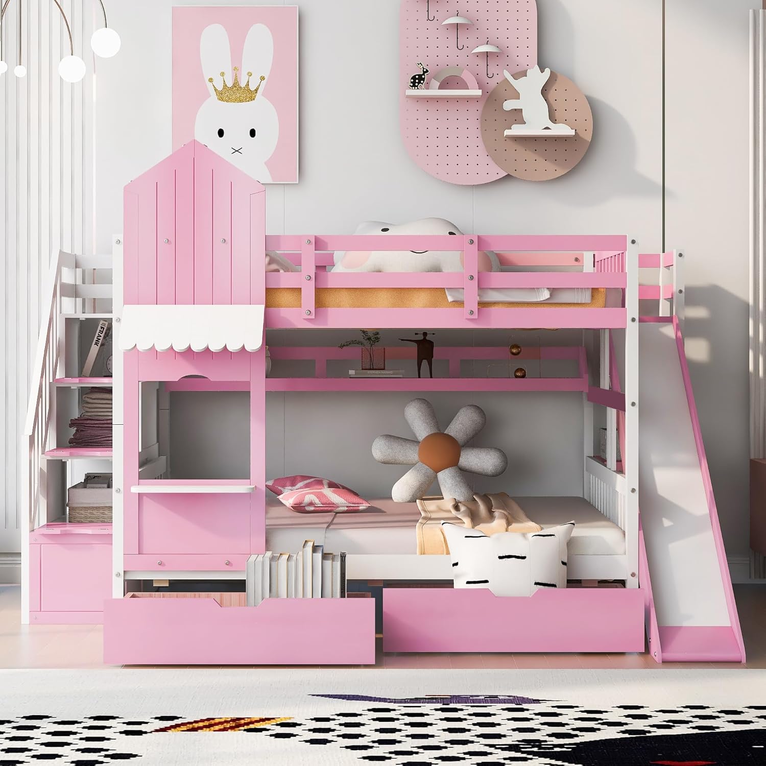 Kids Bunk Bed with Stairs and Slide, Wood Full Over Full Bunk Bed with Storage Drawers and Shelves, Castle Style Bunk Beds for Kids Teens Girls Boys, Pink