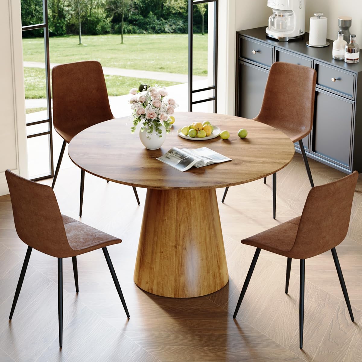 Round Dining Table Set for 4, Fa se Kitchen Table Small 45 Inch Dinner Table Wood Round Coffee Table for Living Room(Wood Table+Style 2 Brown Chairs, 45'' Table+4 Chairs)