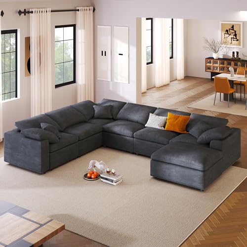 129.3'' Oversized Modular Sectional Sofa with Moveable Ottoman, 6 Seat L Shaped Sofa Couch, U Shaped Upholstered Corner Sofa Couch with Pillows for Living Room, Office, Apartment,Grey