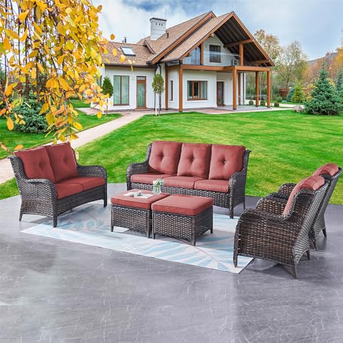 Outdoor Furniture Set, 5-Piece Patio Rattan Wicker Sectional Sofa Set with 3-Seat Couch, 2 Armchairs, 2 Ottoman Footrests for Patio Conversation (5 PC,Brown/Beige)