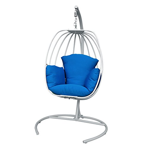 Outdoor Indoor Wicker Rattan Egg Hanging Chair with Stand,All-Weather Hammock Swing Chair with Navy Blue Cushion for Patio Balcony Bedroom