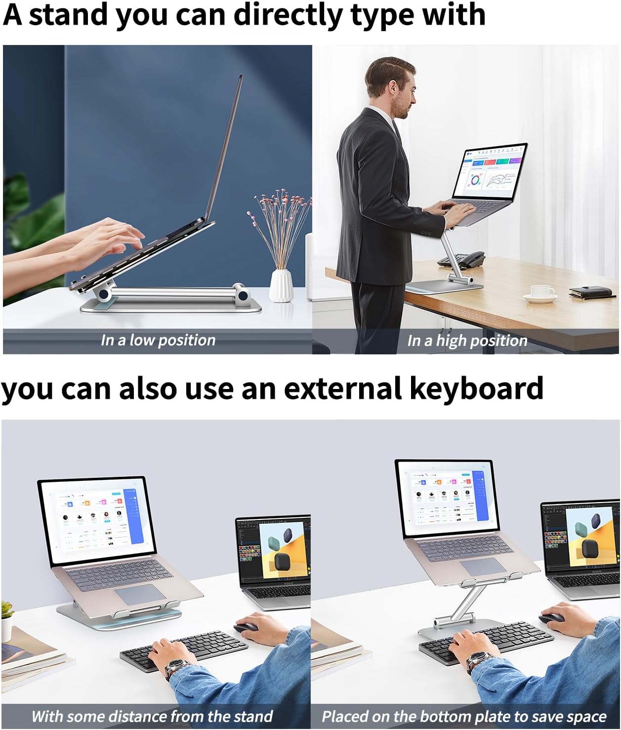 Adjustable Laptop Stand for Desk, Ergonomic Aluminum Foldable Portable Riser, Holder, Mount, for Computer, Notebook, Ipad, Macbook, Dell, Hp, Lenovo, Surface, Samsung, 10 to 17.3”, Silver