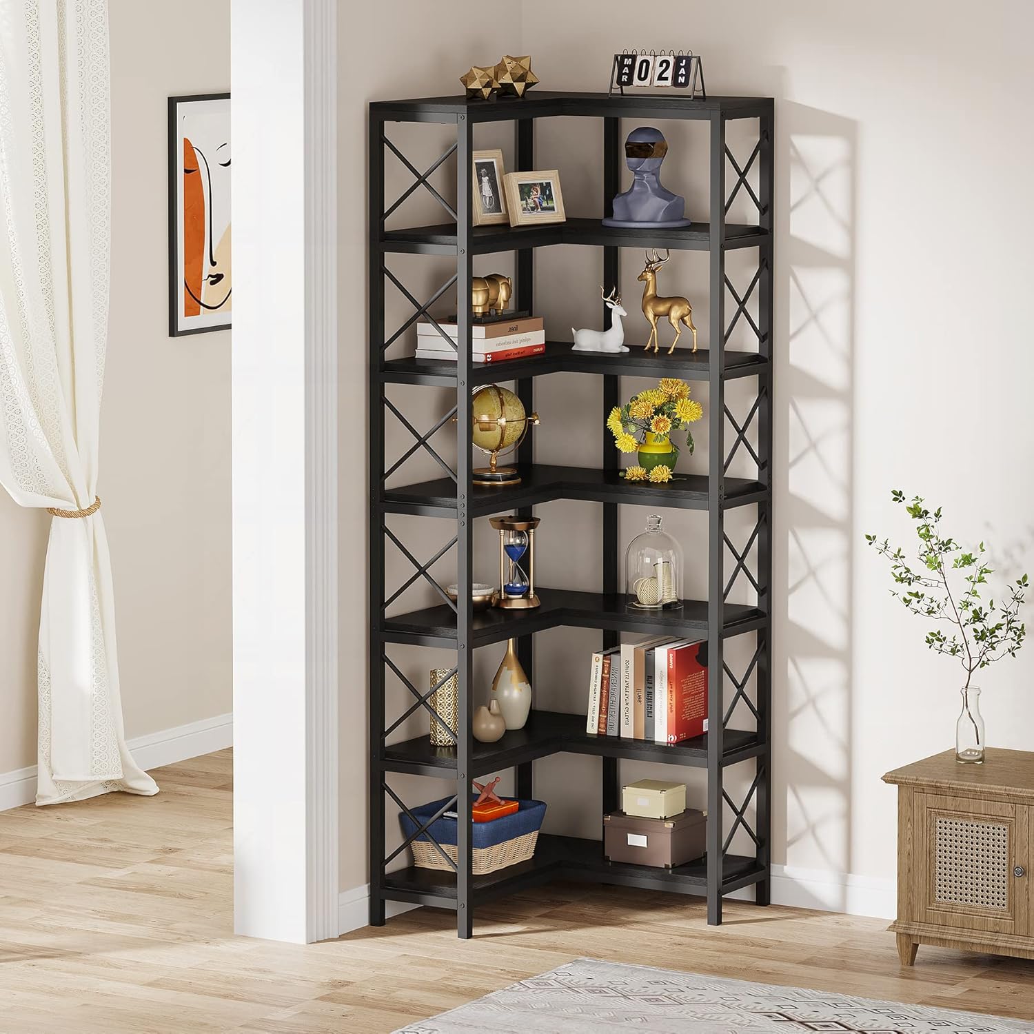 7-Shelf Corner Bookshelf Modern Corner Bookcase Corner Shelf for Living Room Home Office, Black