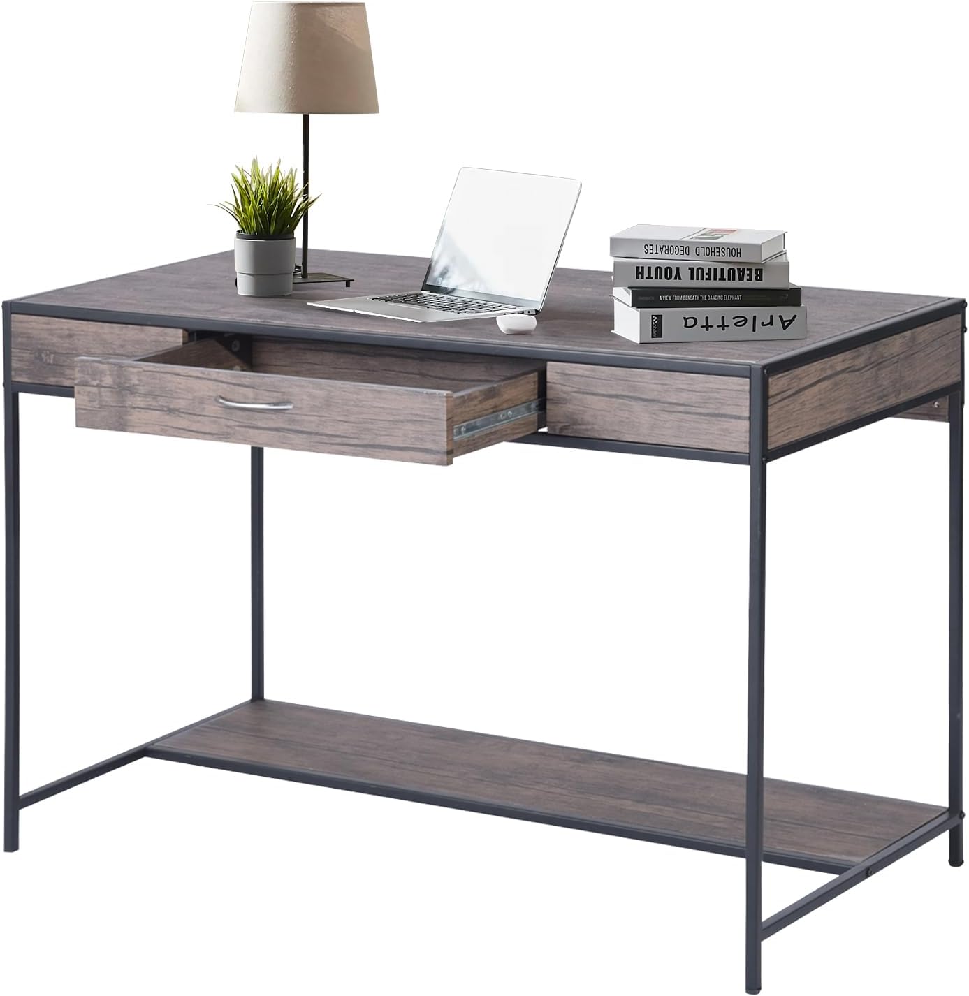 FurnitureR Vintage Wooden Computer Desk with Drawer, 43 Inches Industrial Writing Desk Workstation with Metal Legs and Bottom Shelf for Home Office, Brown