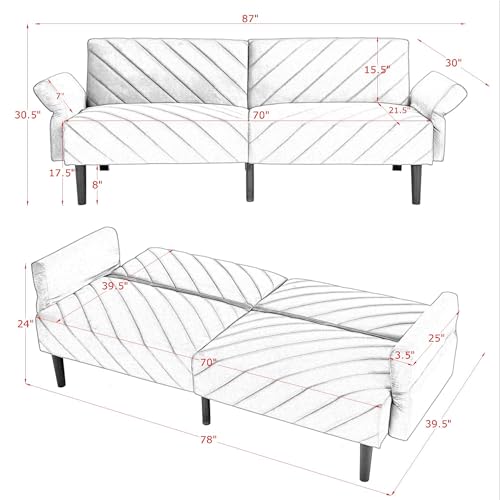 Velvet Futon Sofa Bed Couch, Convertible Sleeper Sofa with Adjustable Armrests and Backrest, 78