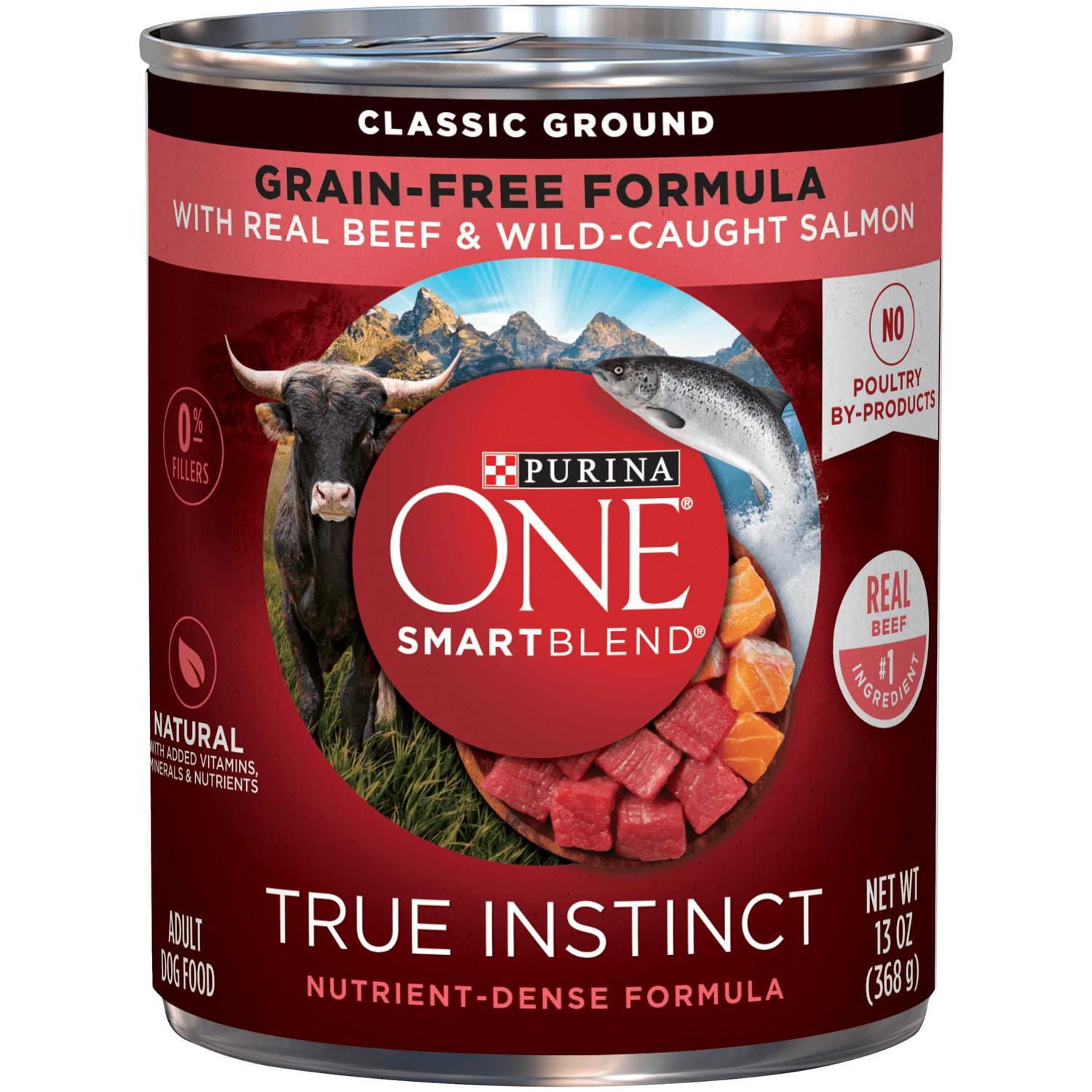 Purina ONE SmartBlend Grain-Free True Instinct Classic Ground with Real Beef & Wild-Caught Salmon Canned Dog Food, 13-oz, case of 12 - Pet Supplies online store