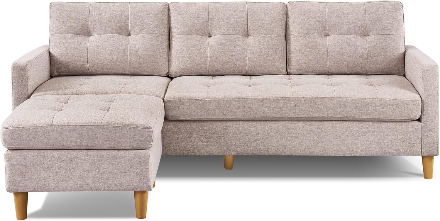 American Furniture Classics Beige Two Piece Upholstered Tufted L Shaped Sectional with Ottoman, 87