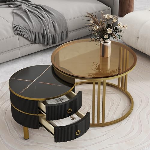 P PURLOVE Nesting Coffee Table Set of 2,2 Piece Round Coffee Table Set,Modern Stackable Coffee Table with Drawers,Nesting Tables with Brown Tempered Glass and High Gloss Marble Tabletop