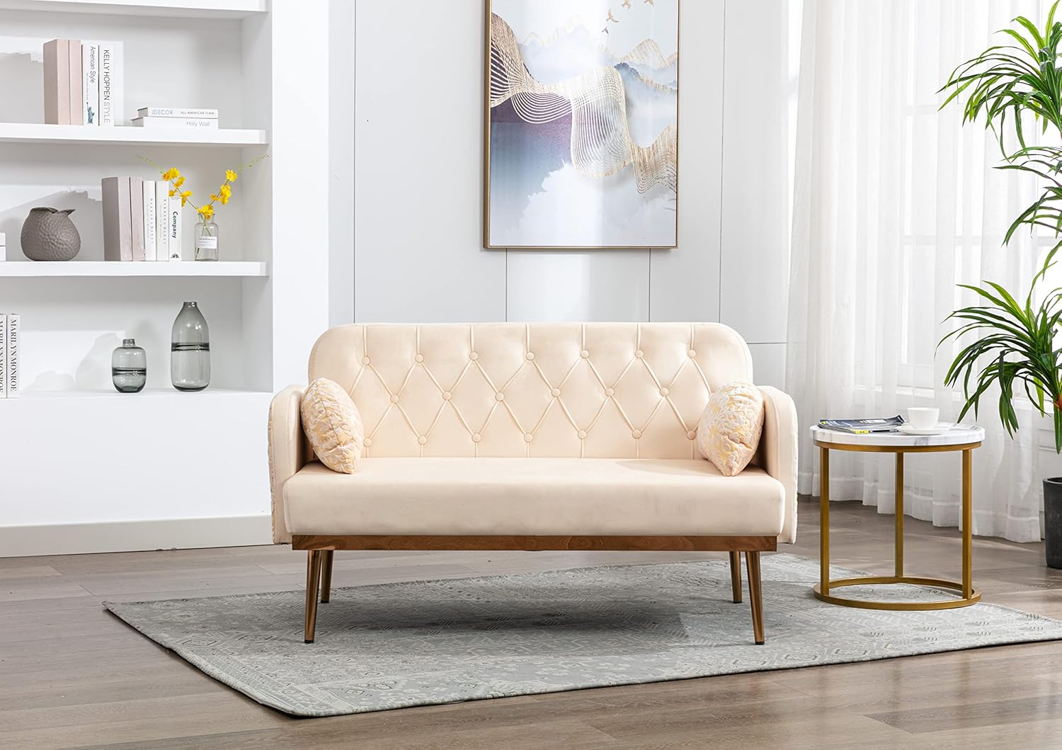 KUIKUI Mid Century Modern Velvet Love Seats Sofa, Couches for Living Room, Sofa Bed with Metal Feet, Beige