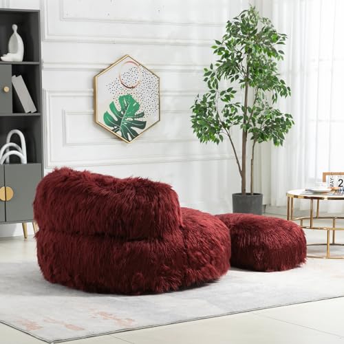 Oversize Bean Bag Chair Faux fur Fluffy Lazy Sofa with Footstool Durable Comfort Lounger High Back Plush Bean Bag Couch for Adults and Kids, Indoor (Pink)