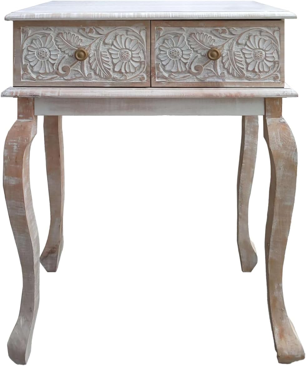 2 Drawer Mango Wood Console Table with Floral Carved Front, Brown and White