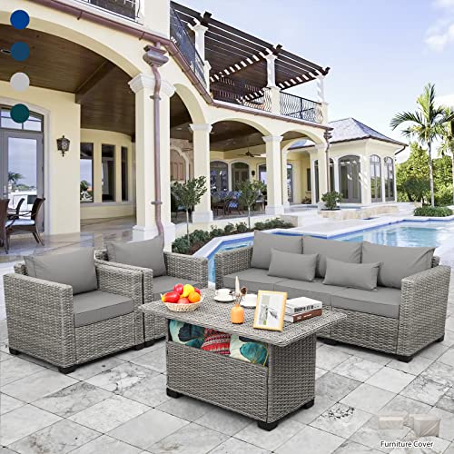 Rattaner Patio Furniture Set 4 Pieces Outdoor Furniture Sets Patio Couch Outdoor Chairs Propane Fire pit with Anti-Slip Cushions and Waterproof Covers, Khaki