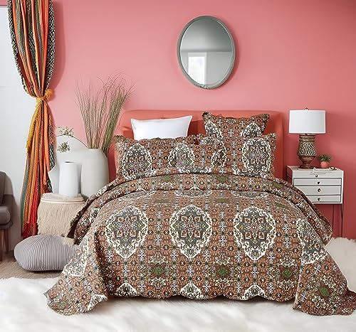 DaDa Bedding Earthy Cross Motif Folk Bedspread - Cozy Arabian Moroccan Ogee Rustic Antique Style Quilted Coverlet Set - Scalloped Edges Warm Tones Burnt Orange Brown Olive Green - King - 3-Pieces