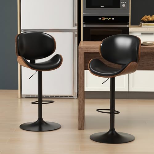 KCC Bar Stools Set of 2, Swivel Adjustable Height Barstools, PU Leather Upholstered Bar Chairs with Footrest, Bentwood Bar Stool for Kitchen, Bar, Dining Room(Brown PU)