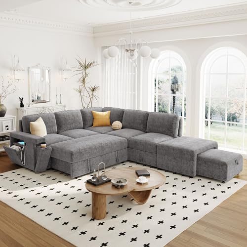 L Shape PU Sectional Sofa Set with Storage Ottoman, Living Room Upholstered Modular Couch & Chaise Lounge, Flip-up Armrest Cup Holder, Furniture for Home Office, Gray, 98 Inch