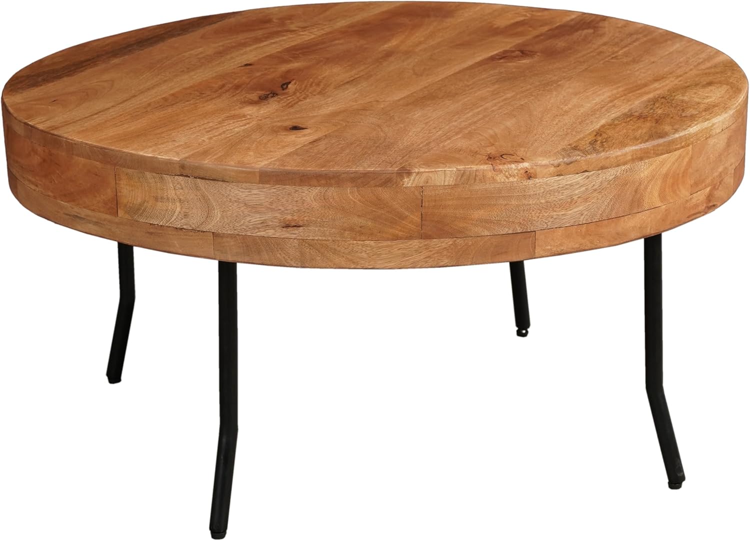 32 Inch Coffee Table, Handcrafted Mango Wood Round Top, Black Metal Angled Legs,Living Room Table Modern Funiture Table