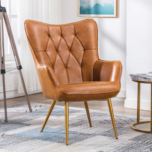 Simore Faux Leather Living Room Chair,Comfy Upholstered Accent Chairs Set of 2 with Golden Metal Legs and High Back,Modern Small Vanity Armchair for Bedroom/Home Office/Study,Light Brown